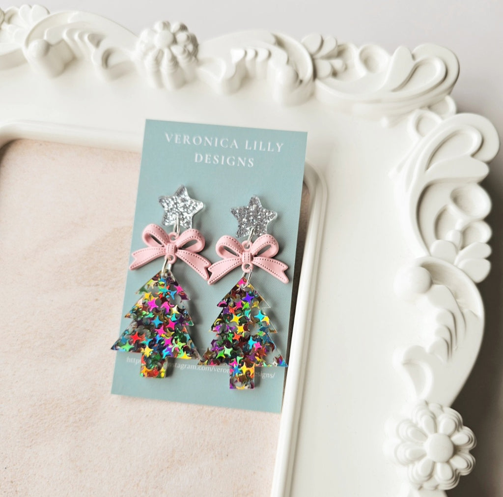 Glitter Christmas Tree Earrings on Gold Star Stud