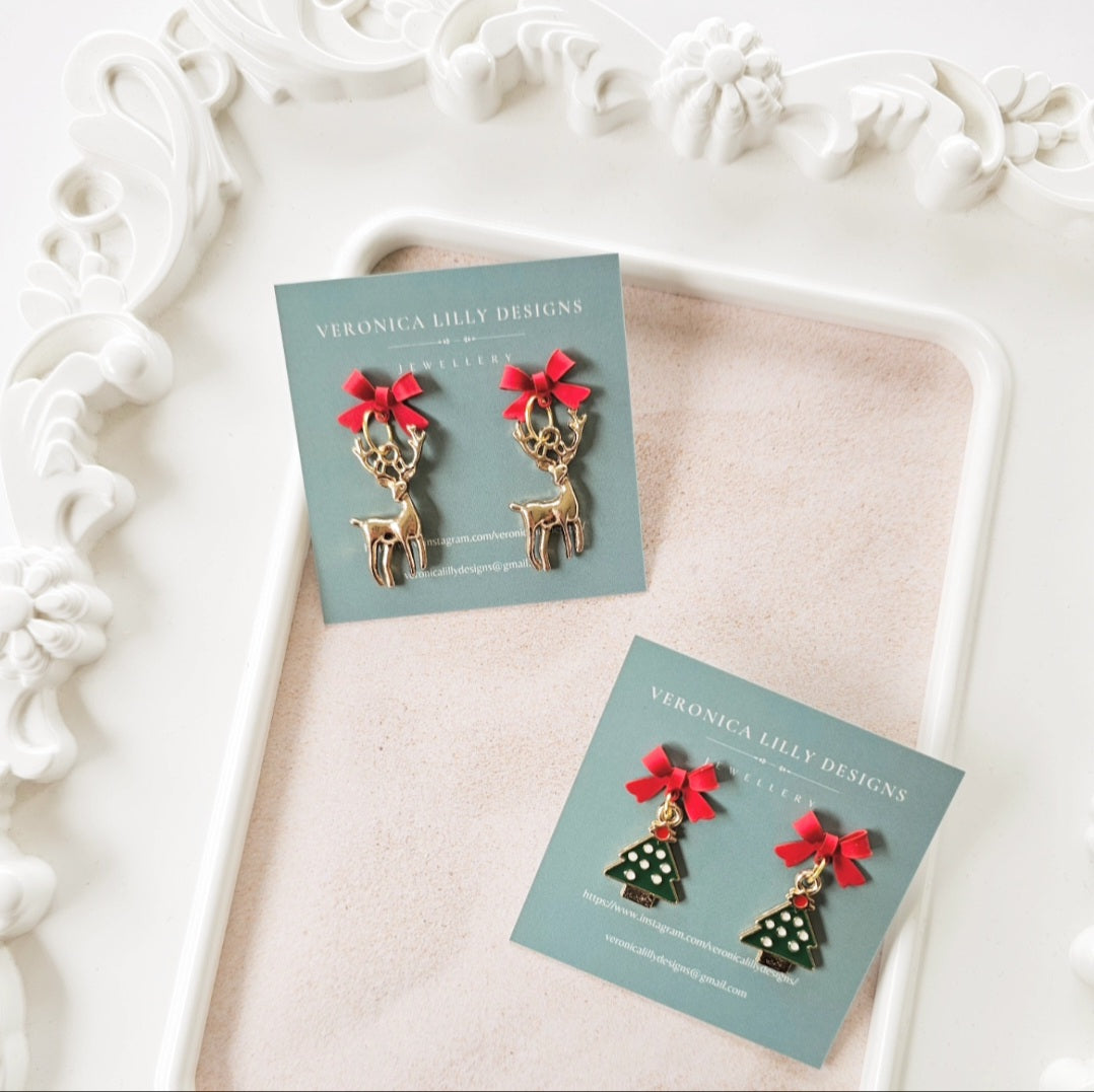Reindeer and Christmas Tree Earrings on Red Bow Studs