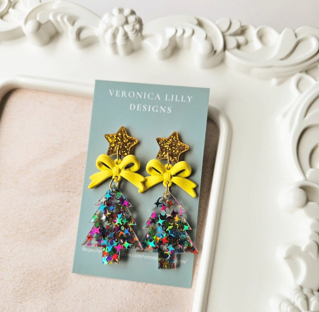 Glitter Christmas Tree Earrings on Gold Star Stud