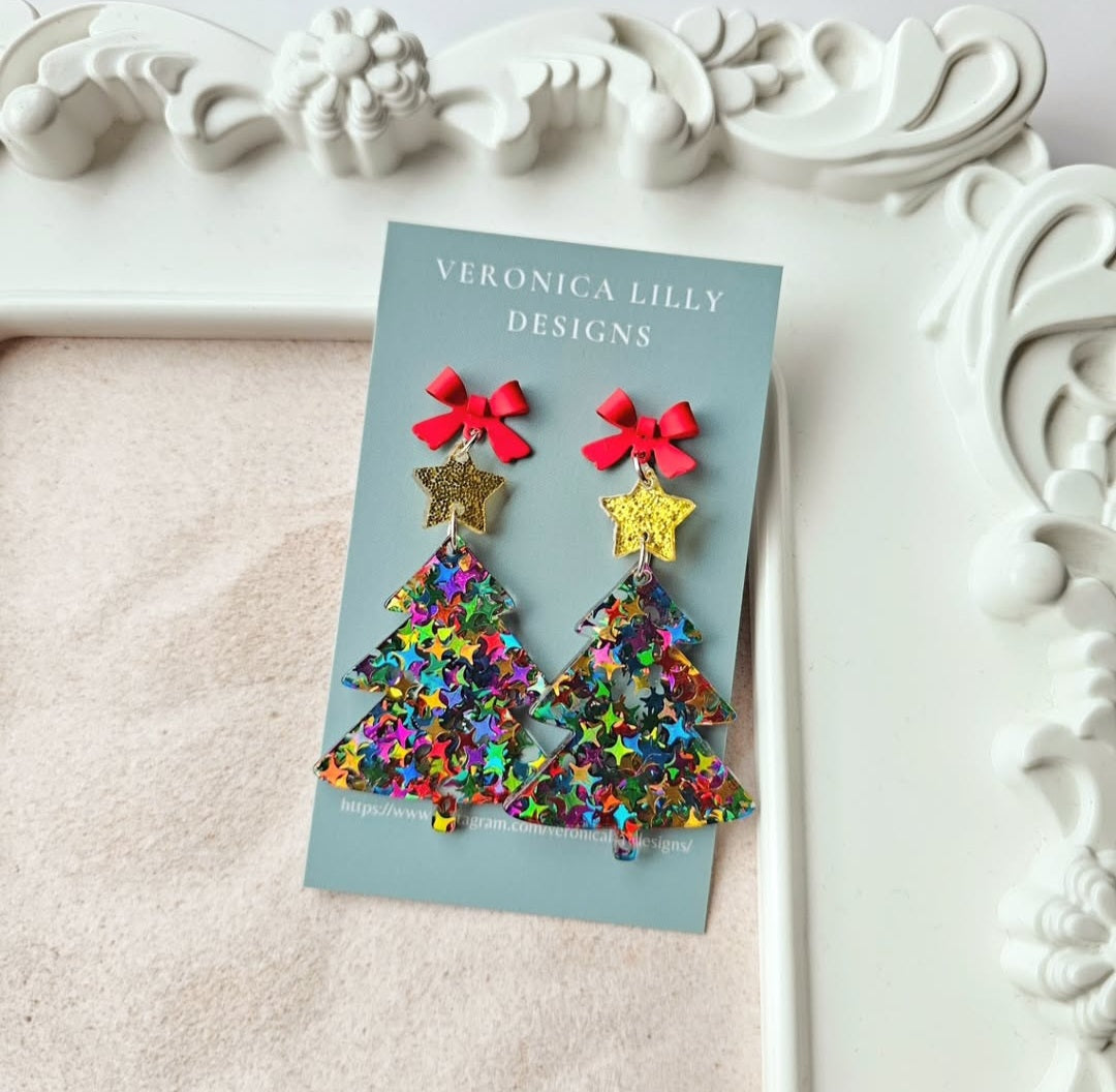 Glitter Christmas Tree Earrings on Red Bow Stud