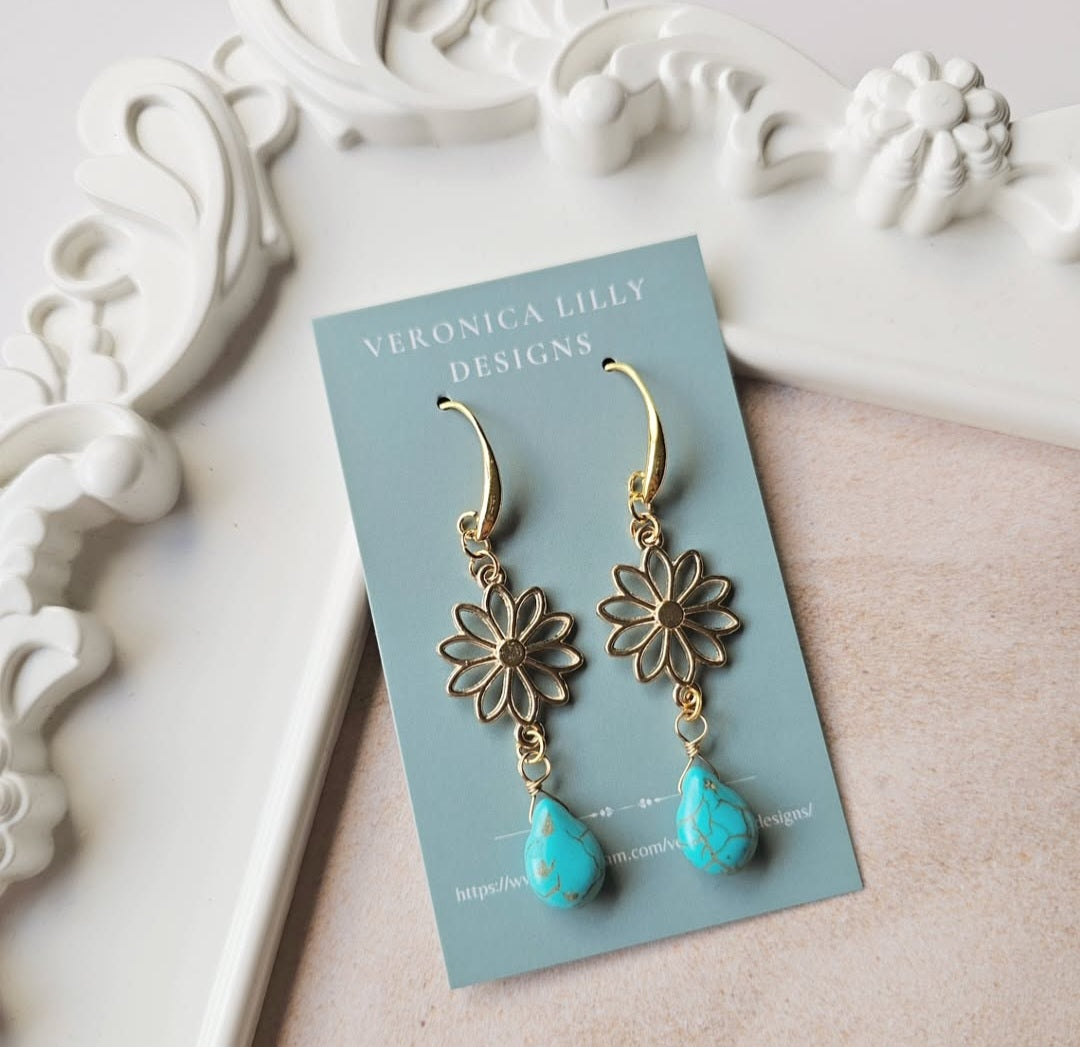 Turquoise Earrings with Flower Connector