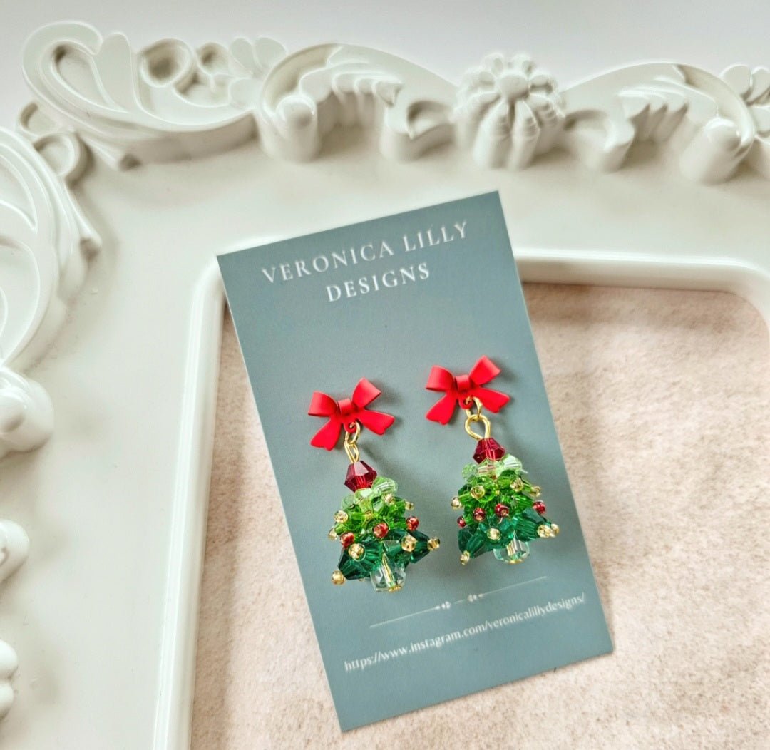 Glass Christmas Tree Earrings on a Red Bow Stud