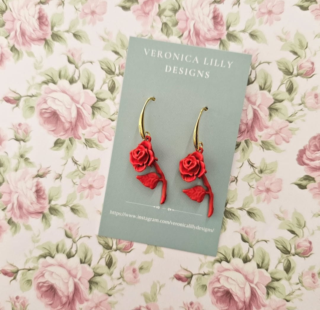 Red Rose Earrings on Golden Hook