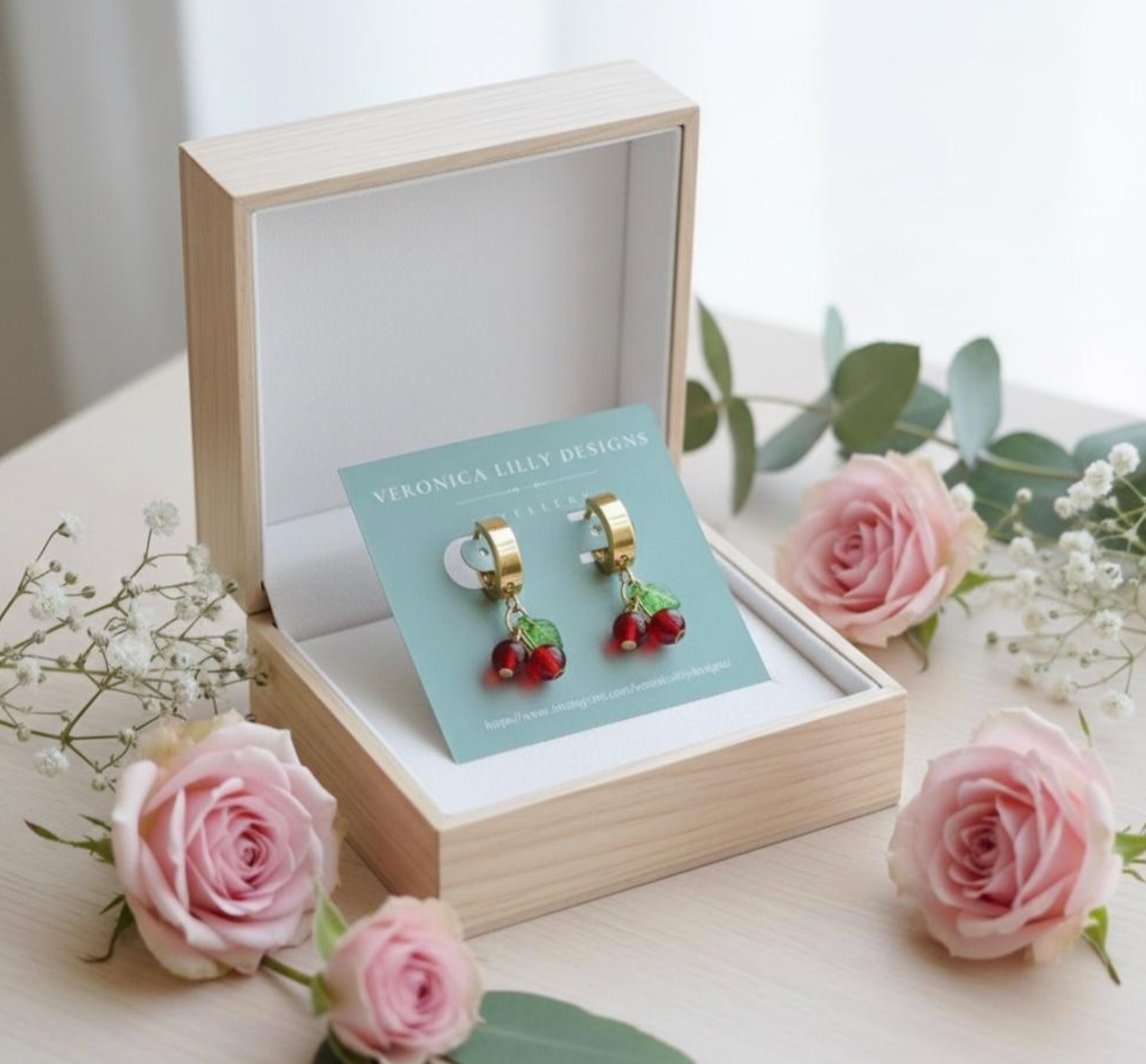 Golden Huggie with Cherries, Matching Gold Plated Necklace
