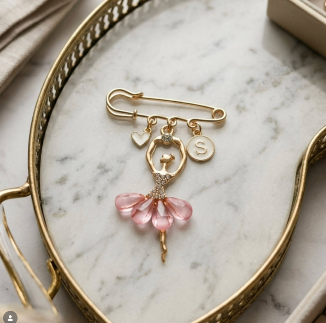 Ballerina Brooch - initial charm - heart charm