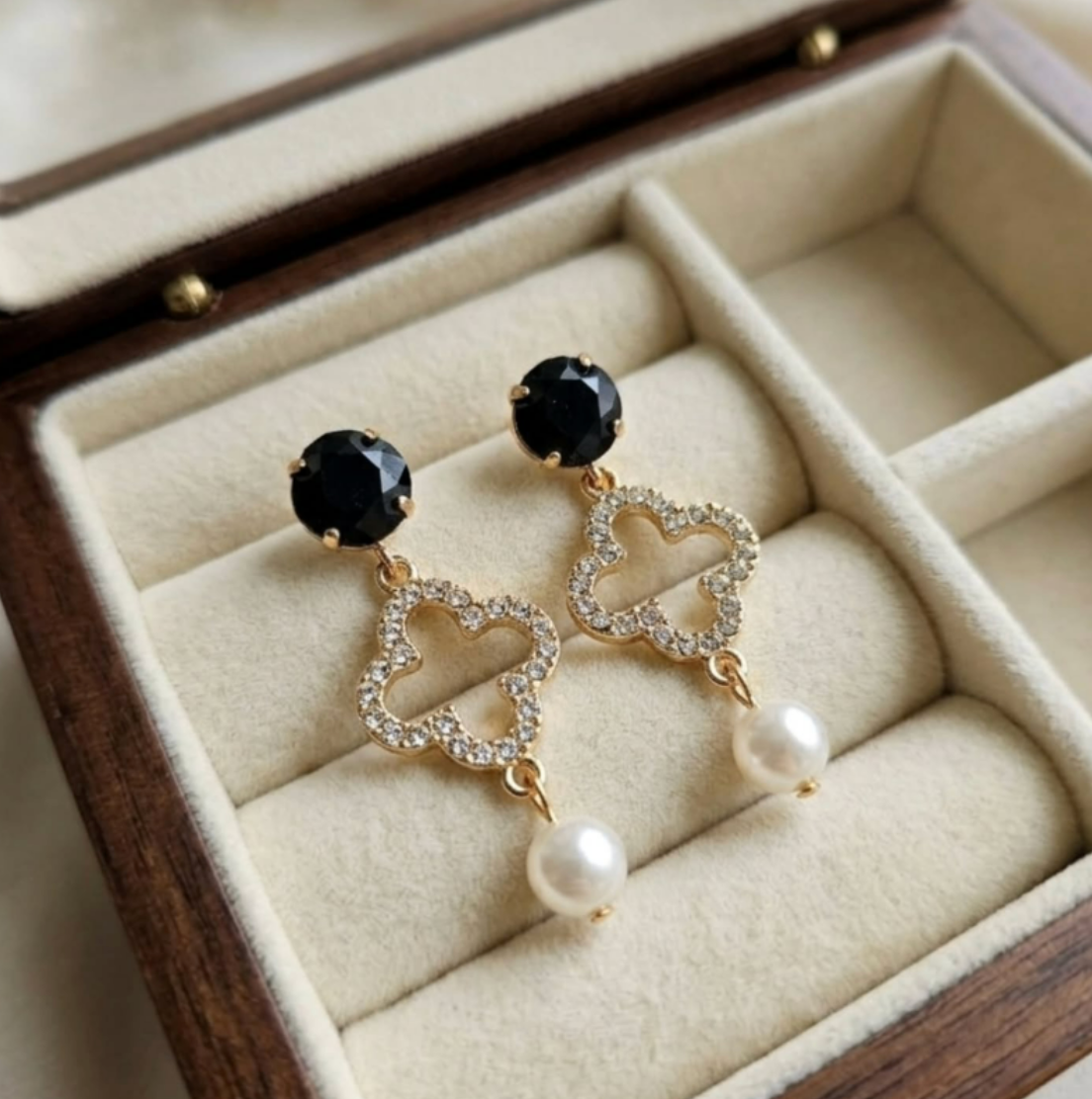 24k gold plated black diamonte stud, diamonte clover connector, freshwater pearl