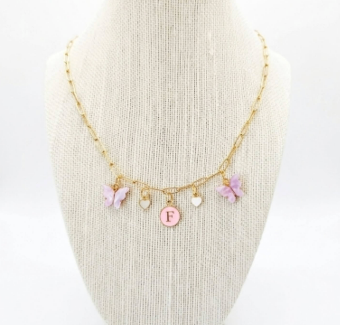 18k gold plated neckalce, marbled butterfly charms, baby loveheart charms