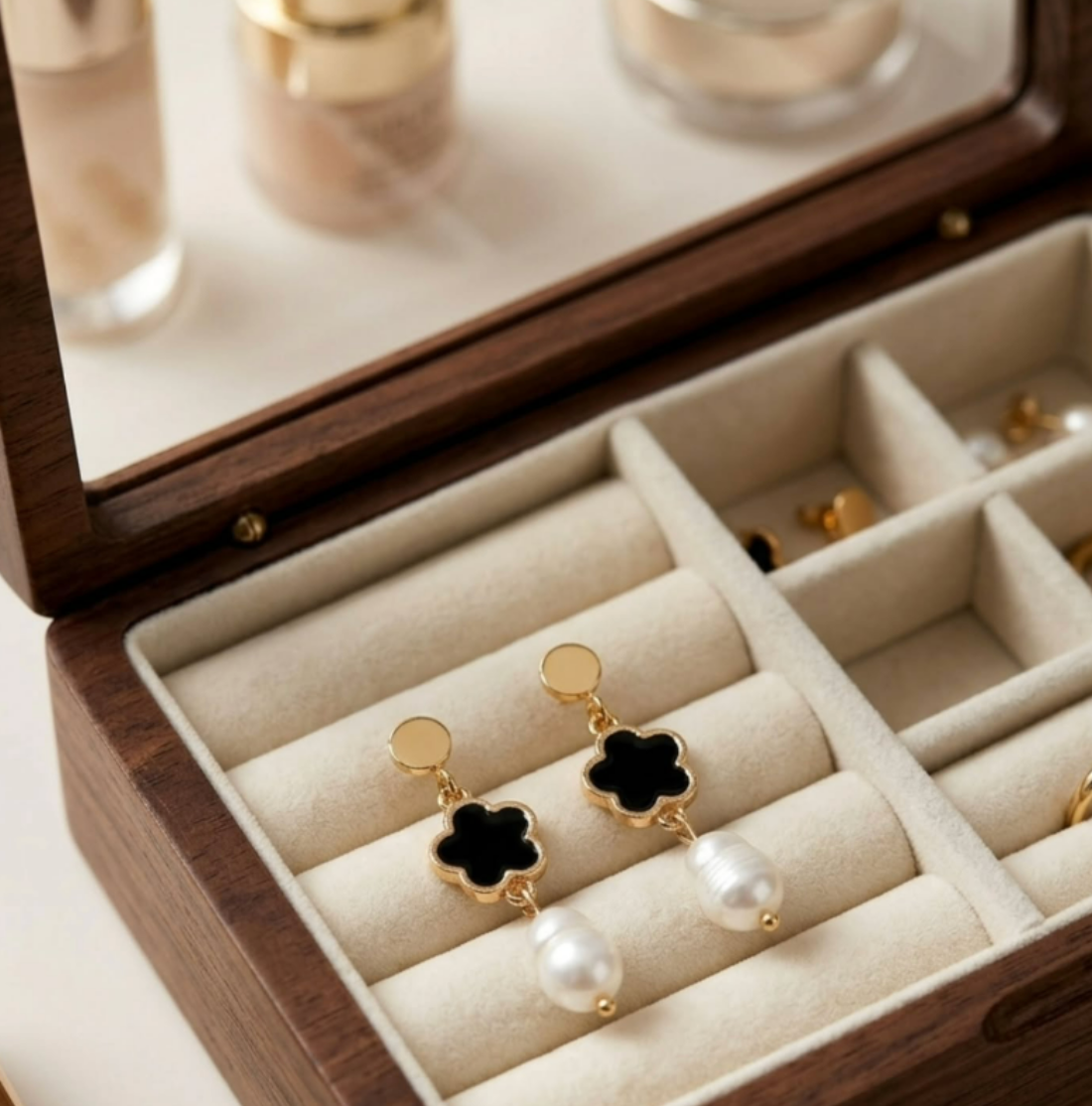 14k gold plated stud, black clover connector, freshwater pearl