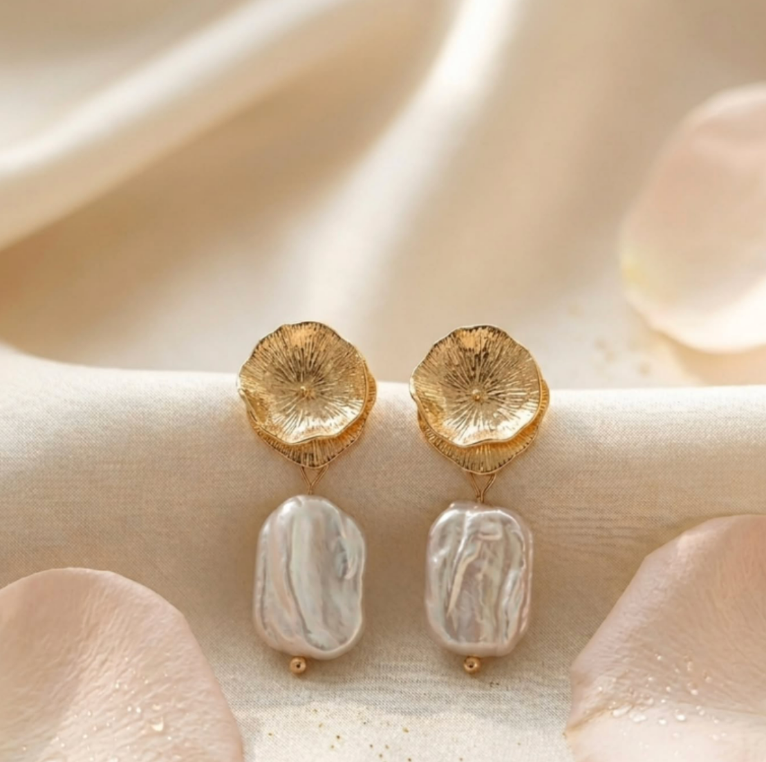 18k gold plated flower stud, freshwater baroque pearl