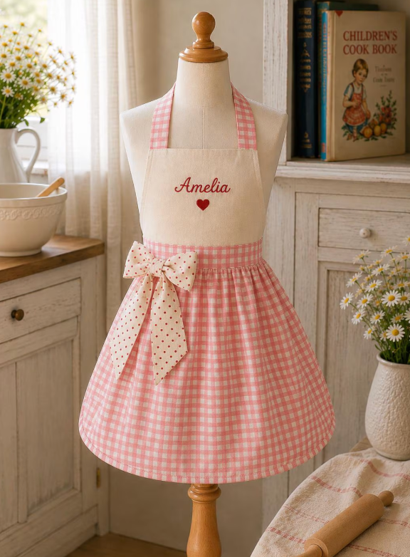 Gorgeous Gingham personalised girls' apron (light blue, dark blue or pink)  - personalisation option available