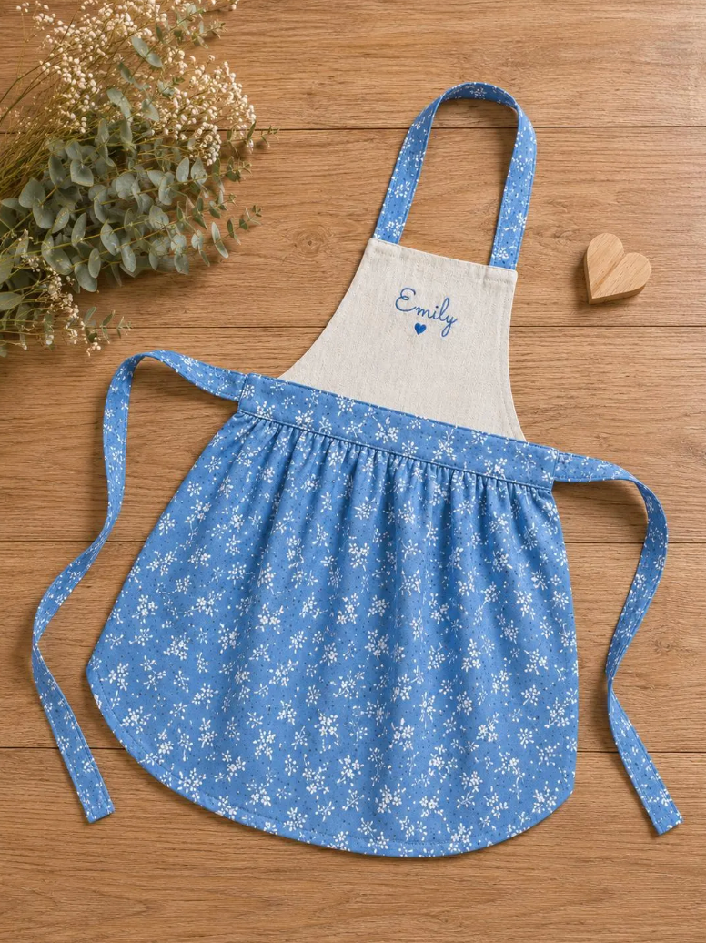 Emily cornflower blue floral girls' apron - personalisation option available