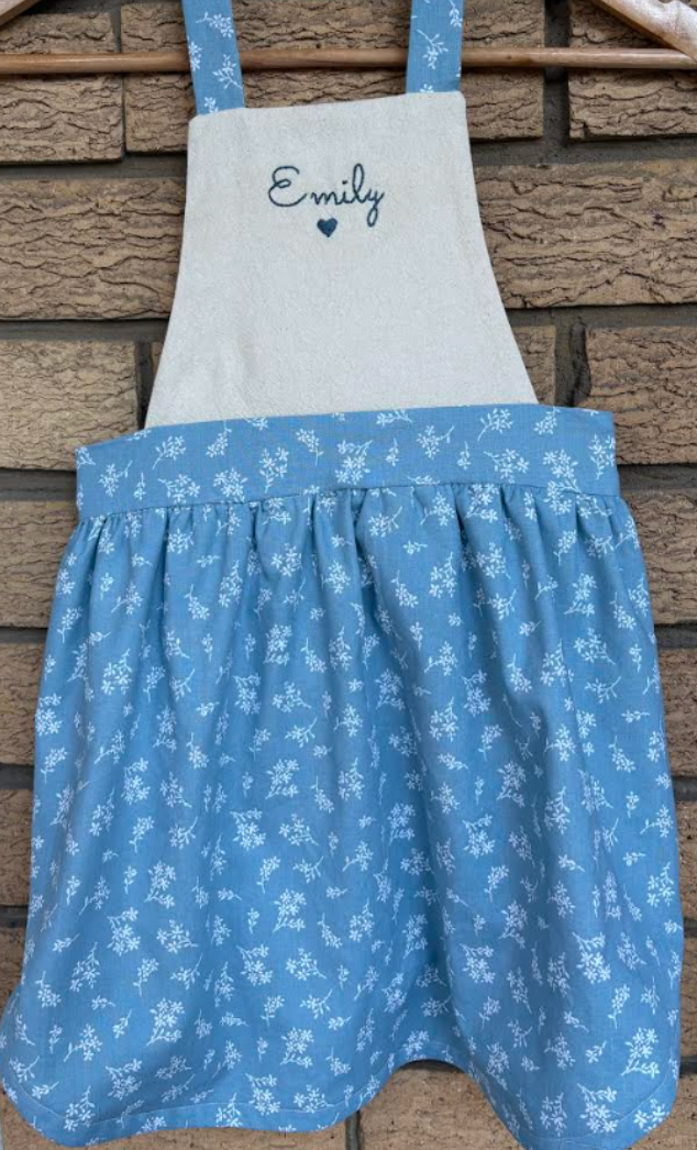Emily cornflower blue floral girls' apron - personalisation option available