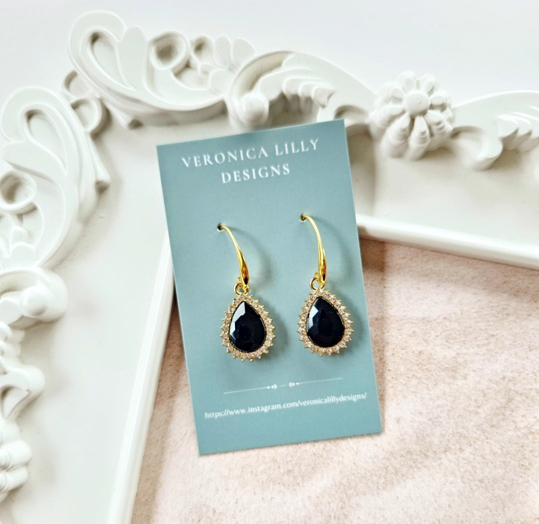 Black Rhinestone Charm Earrings on a Golden Hook